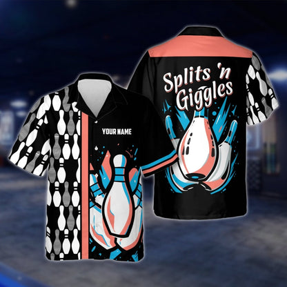 Splits'n Giggles Custom Name Black Purple Bowling Hawaiian Shirt, Custom Funny Bowling Shirts BE0030