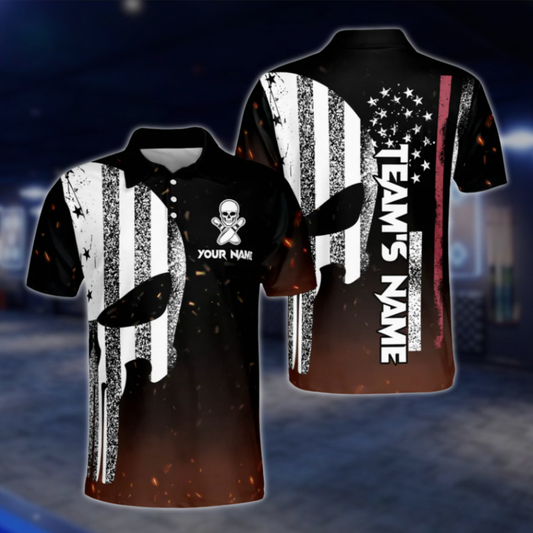 Custom Skull USA Flag Bowling Mens Polo Shirt, Custom Skull Bowling Team Shirts BZ0157