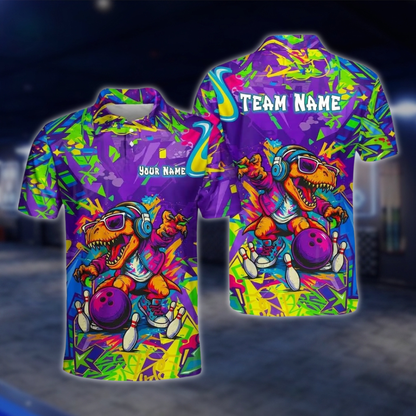 Personalized T-Rex Graffiti Bowling Polo Shirt For Men, Custom Dinosaur Bowling Shirt Team BZ0934