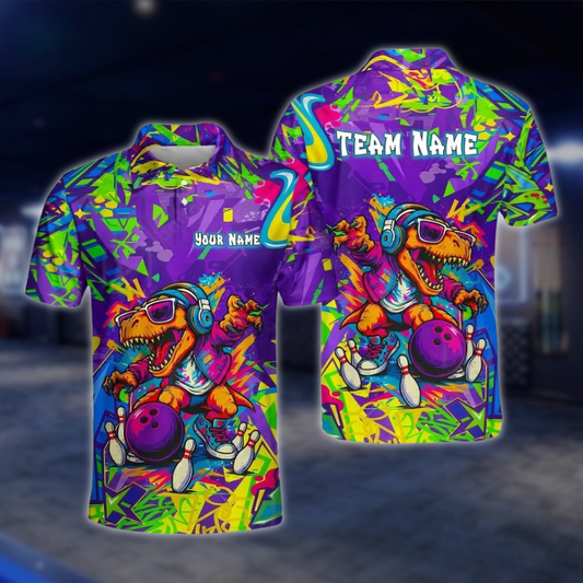 Personalized T-Rex Graffiti Bowling Polo Shirt For Men, Custom Dinosaur Bowling Shirt Team BZ0934
