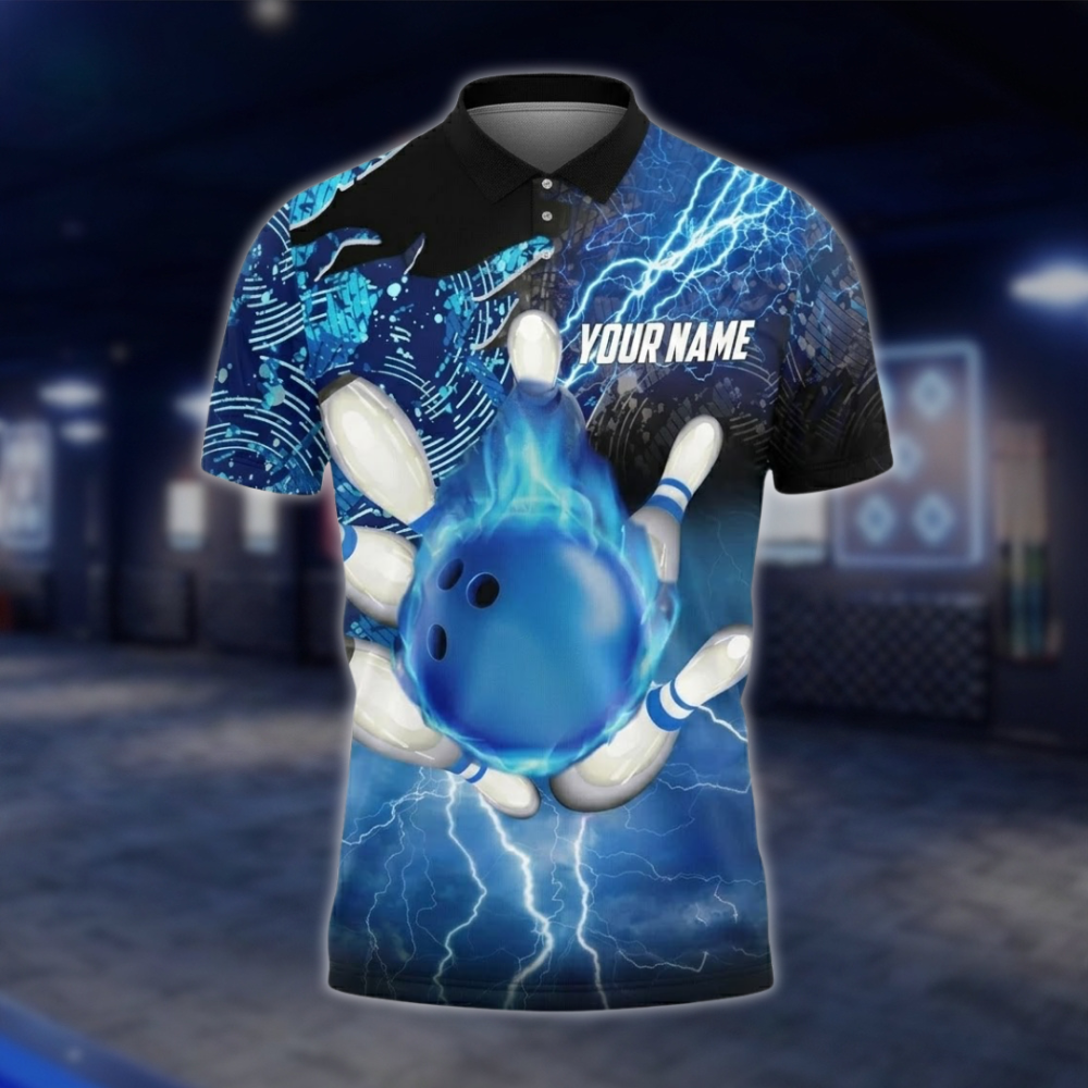 Personalized Flame Men's Blue Bowling Polo Shirt, Custom Team Flame Bowling Shirts BZ0734