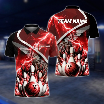 Personalized Blue Flame Thunder Bowling Polo Shirt Men, Custom Flame Bowling Shirt Team BZ0804