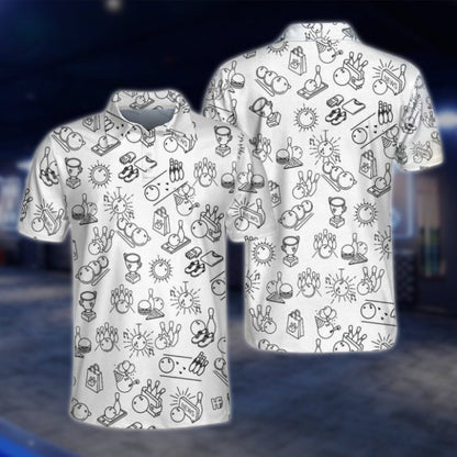 Bowling Pattern White Black Bowling Polo Shirt For Men, Men's Bowling Shirts BO0286