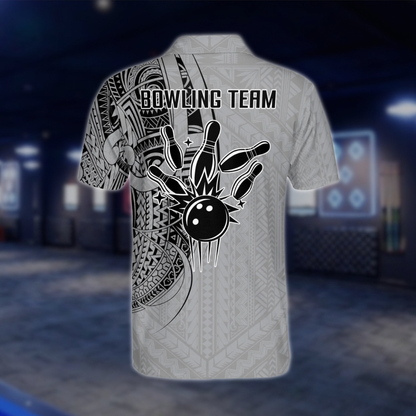Custom Tribal Grey Black Bowling Mens Polo Shirt, Custom Tribal Bowling Team Shirts BZ0205