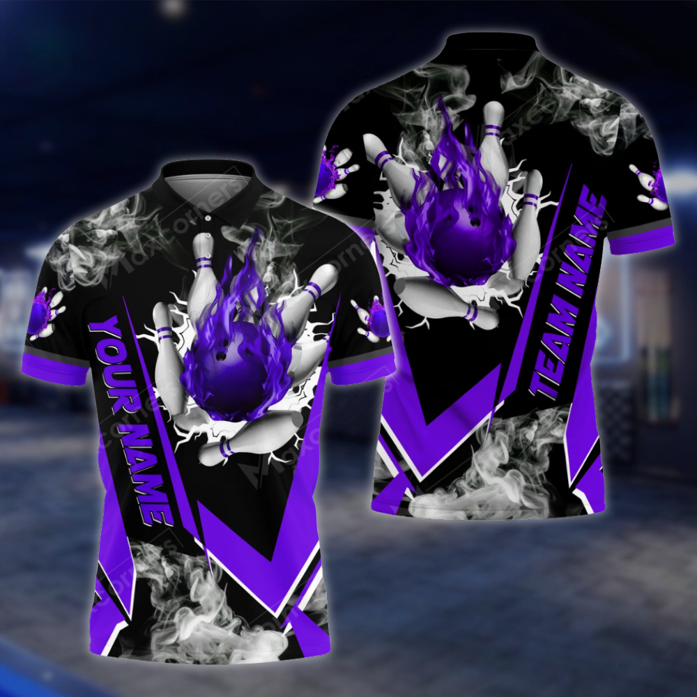 Personalized Mens Flaming Ball Bowling Polo Shirt, Custom Flame Bowling Shirt For Team BZ0811