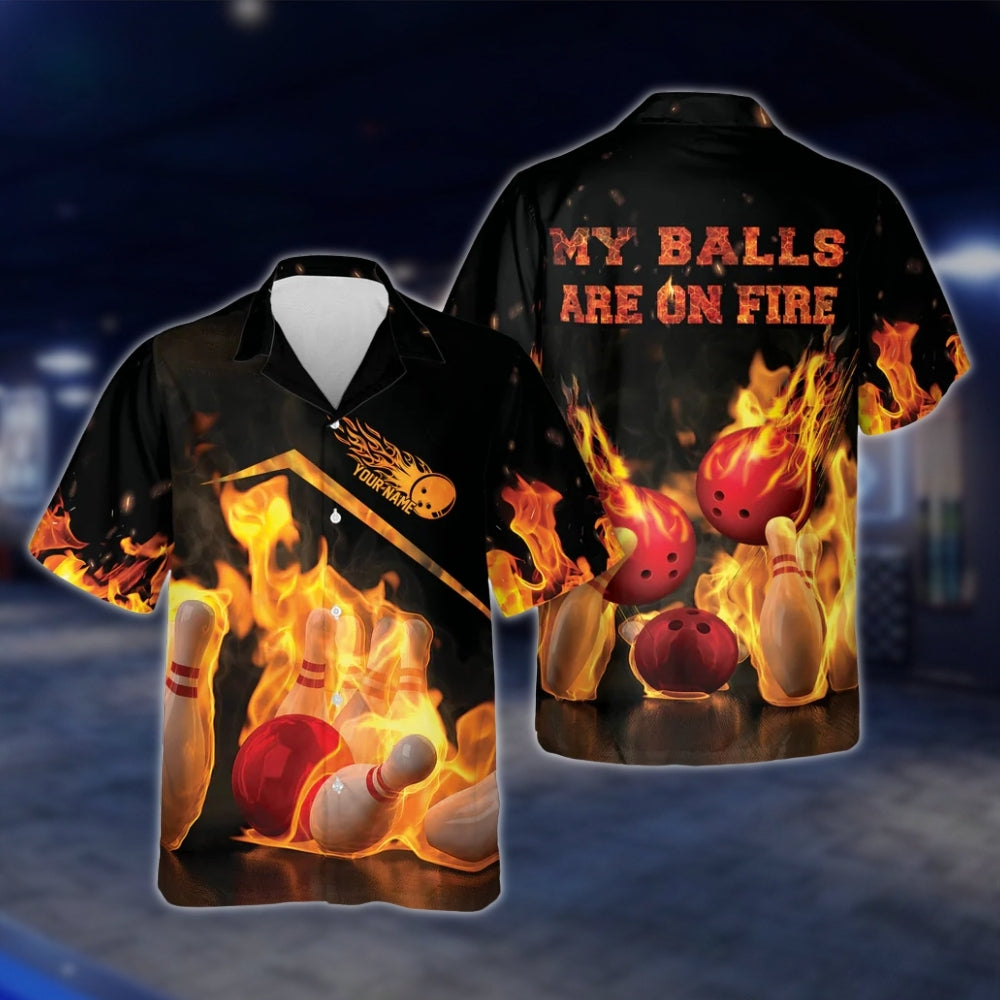 My Balls Are On Fire Custom Flaming Ball And Pins Bowling Hawaiian Shirt For Mens, Custom Funny Flame Bowling Shirts BZ0111