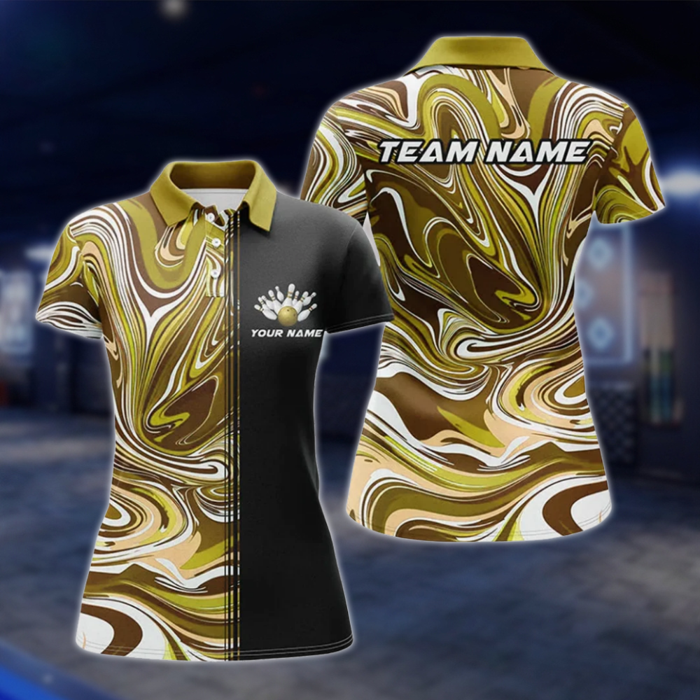 Personalized Marble Purple Black Women's Bowling Polo Shirt, Custom Team Bowling Shirt Ladies BZ0766