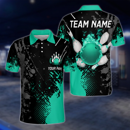 Custom Flaming Ball Bowling Polo Mens Shirt Blue, Custom Flame Bowling Team Shirts BZ0086