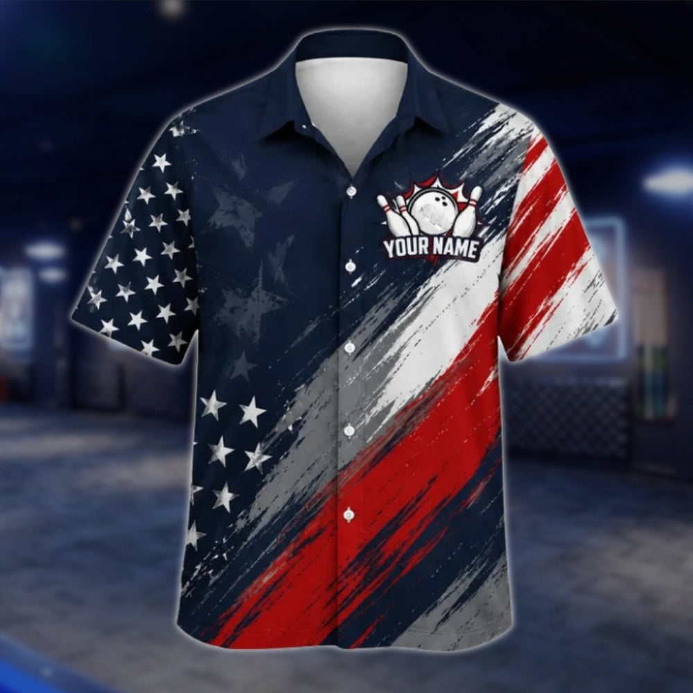 Personalized American Flag Bowling Hawaiian Shirt For Men, Custom Patriot Bowling Team Shirts BE0214