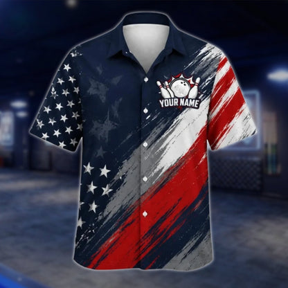Personalized American Flag Bowling Hawaiian Shirt For Men, Custom Patriot Bowling Team Shirts BE0214
