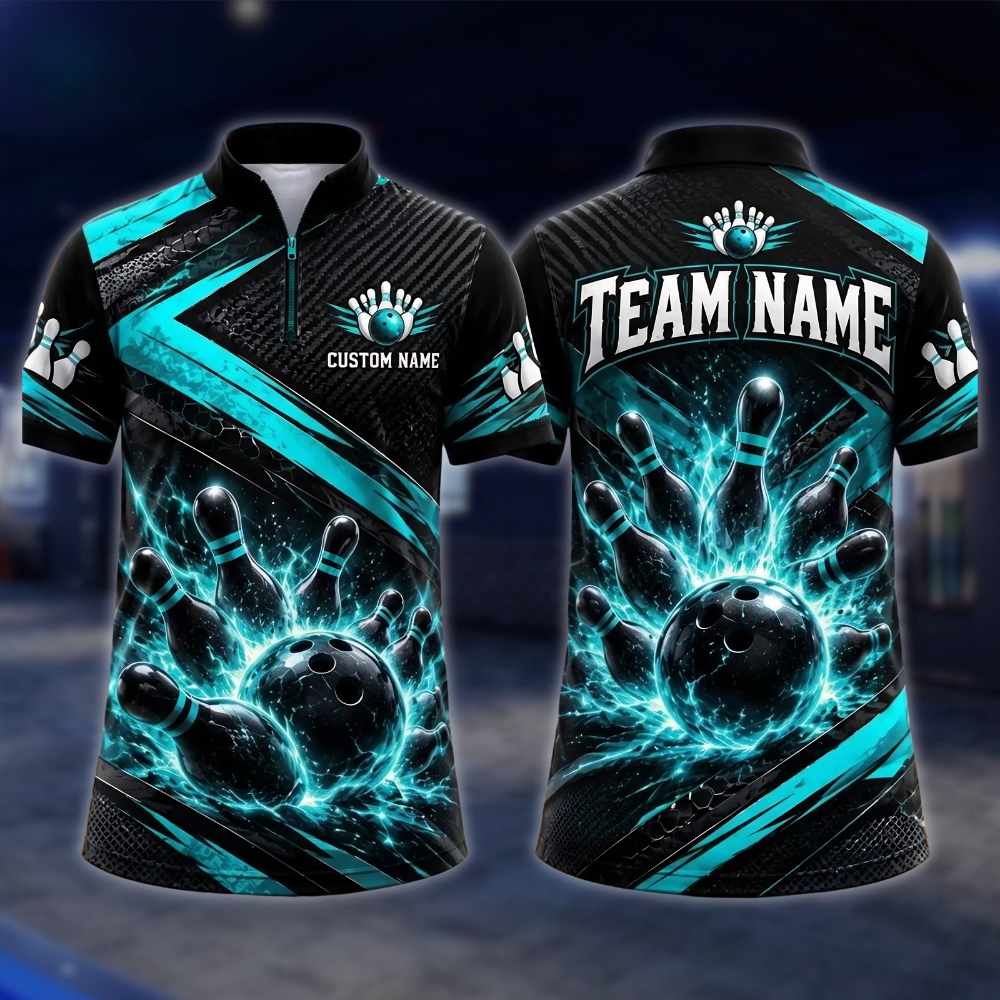 Personalized Blue Lighting Bowling Team Jersey For Men, Custom Bowling Shirts BE0256