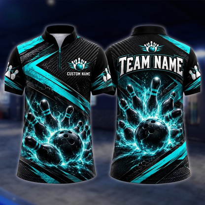 Personalized Blue Lighting Bowling Team Jersey For Men, Custom Bowling Shirts BE0256