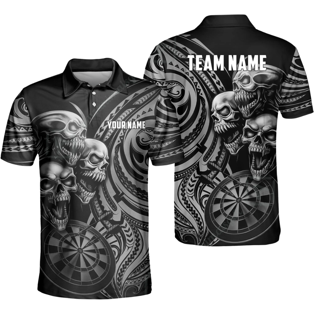 Skeleton Black and Cyan Mens Personalized Darts Button Polo