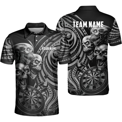 Skeleton Black and Cyan Mens Personalized Darts Button Polo