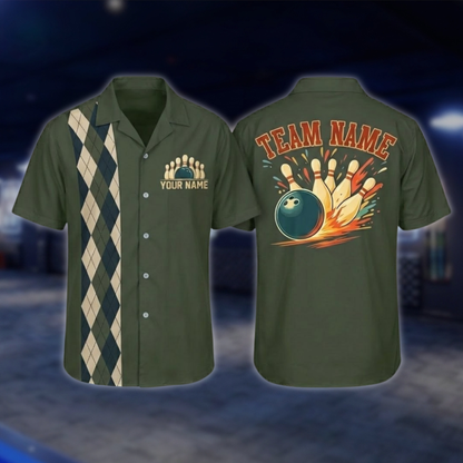 Personalized Argyle Navy Retro Bowling Hawaiian Shirt For Men, Custom Retro Bowling Shirt For Team BZ0797