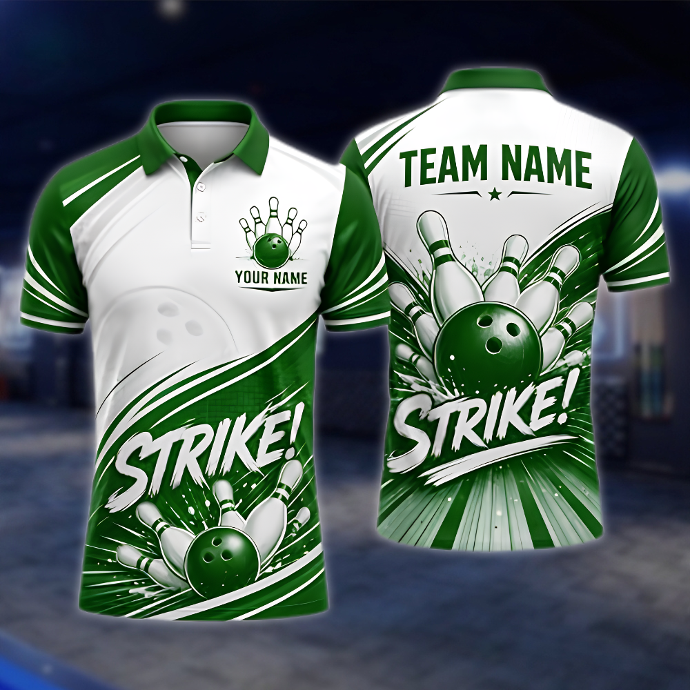 Personalized White Blue Strike Bowling Team Polo Shirt, Custom Men Bowling Shirt BZ0971