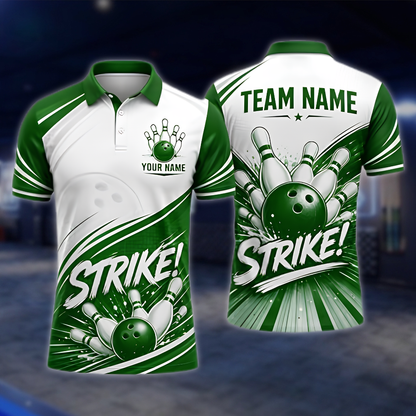 Personalized White Blue Strike Bowling Team Polo Shirt, Custom Men Bowling Shirt BZ0971