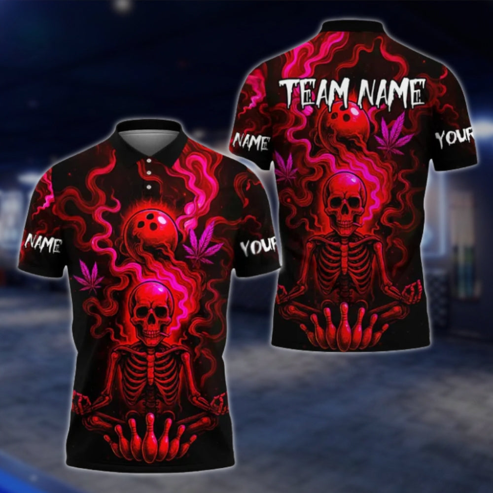 Custom Skeleton Flaming Green Bowling Polo Shirt For Mens, Custom Team Skull Bowling Shirts BE0192