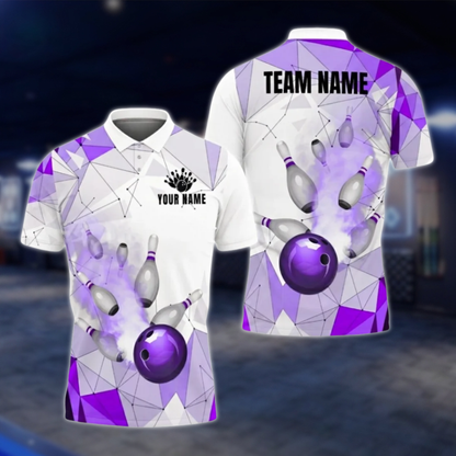 Personalized Mens Blue White Bowling Polo Shirt, Custom Team Bowling Shirt BZ0806