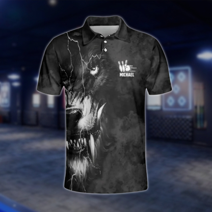 Personalized Mens Wolf Bowling Polo Shirts Black, Custom Wolf Bowling Shirt For Team BZ0200