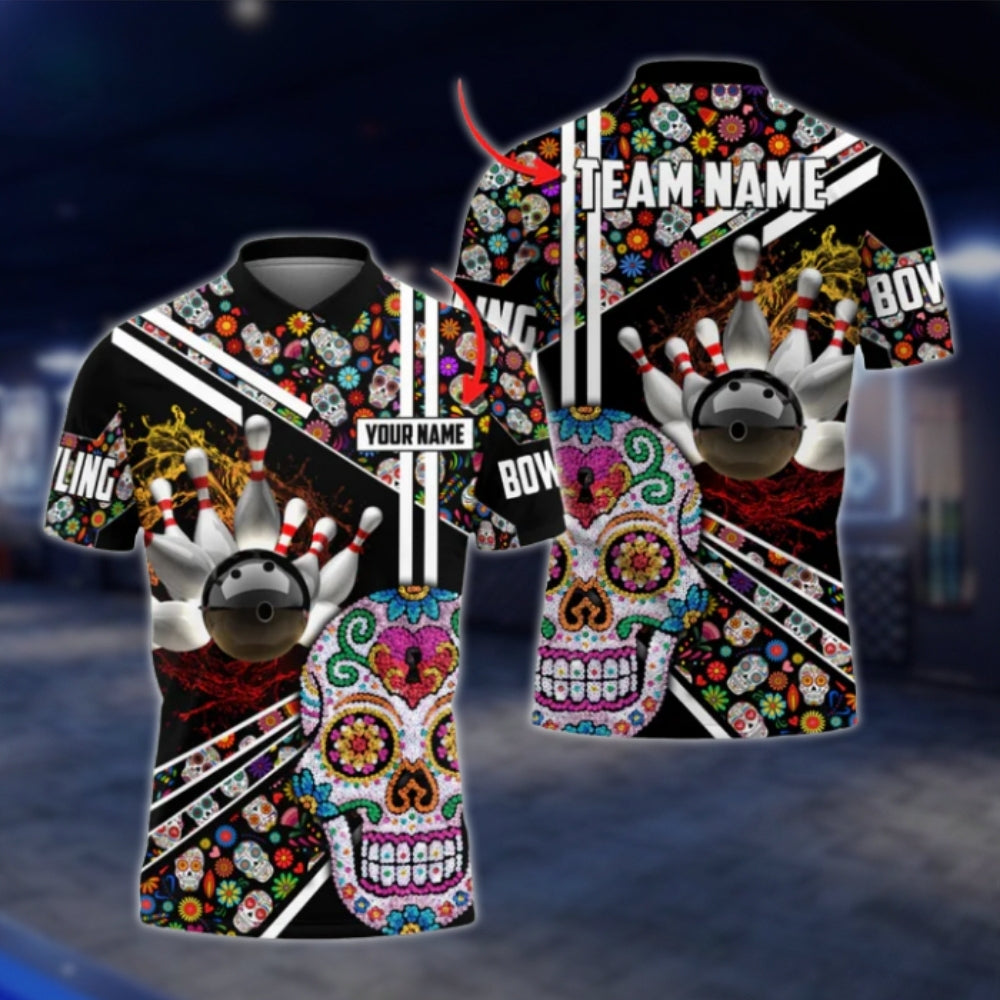 Sugar Skull Custom Mens Bowling Polo Shirt, Custom Skull Day Of The Dead Bowling Team Shirts BO0337