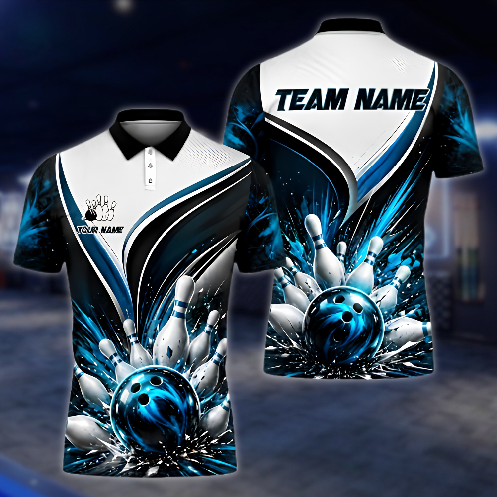 Personalized Team Bowling Mens Polo Shirt White Blue Black, Custom Bowling Team Shirts BZ0969