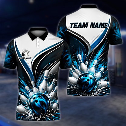 Personalized Team Bowling Mens Polo Shirt White Blue Black, Custom Bowling Team Shirts BZ0969