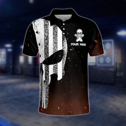 Custom Skull USA Flag Bowling Mens Polo Shirt, Custom Skull Bowling Team Shirts BZ0157