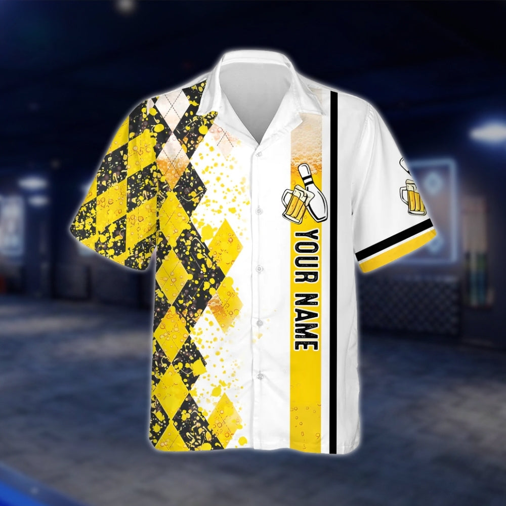 Here For The Beer Custom Argyle Yellow Bowling Hawaiian Shirt For Mens, Custom Funny Beer Bowling Shirts BZ0159