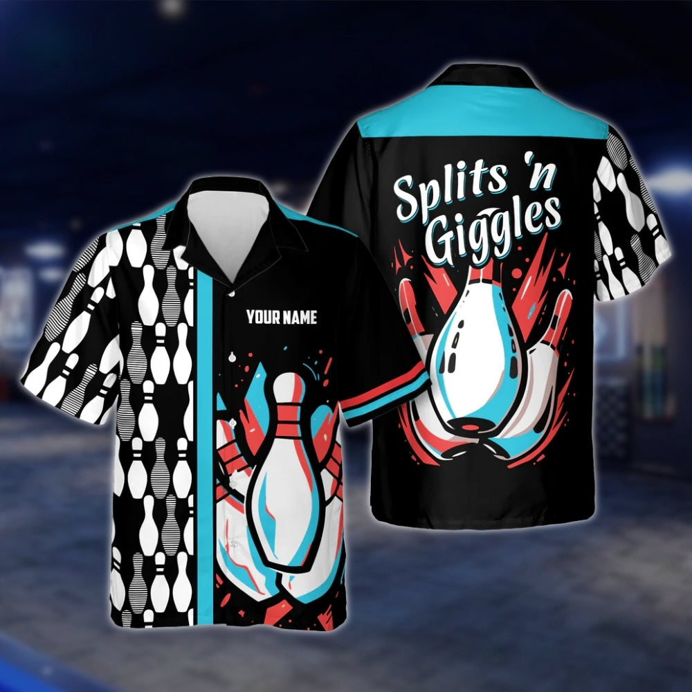 Splits'n Giggles Custom Name Black Purple Bowling Hawaiian Shirt, Custom Funny Bowling Shirts BE0030