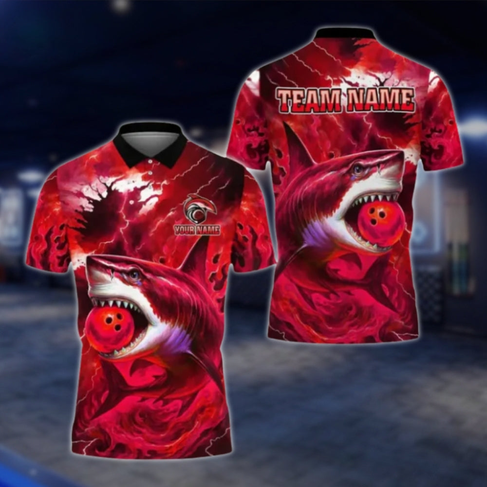 Custom Shark Blue Mens Bowling Polo Shirt, Custom Shark Team Bowling Shirts BE0111