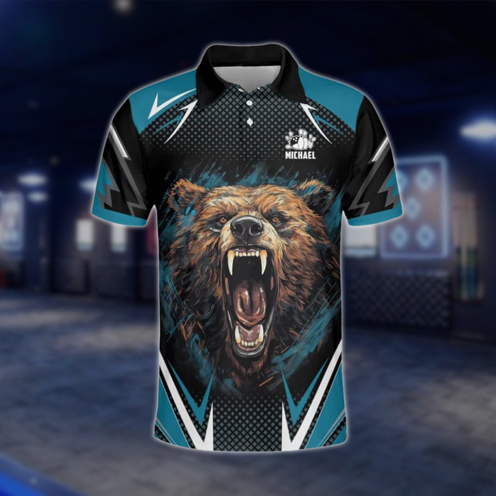 Personalized Angry Bear Bowling Polo Shirt For Men, Custom Bear Bowling Shirt Team BZ0786