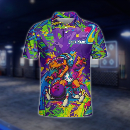 Personalized T-Rex Graffiti Bowling Polo Shirt For Men, Custom Dinosaur Bowling Shirt Team BZ0934