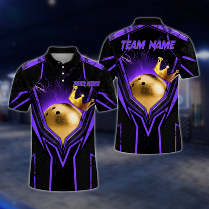 Custom Team Black Blue Bowling Ball King Polo Shirts For Men, Custom Bowling Team Shirts BA0004