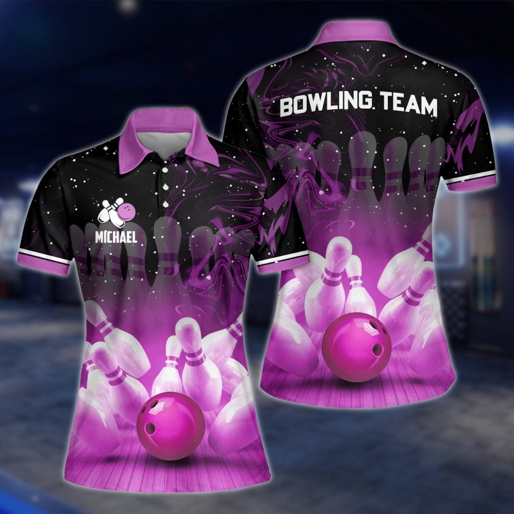 Custom Team Purple Black Bowling Womens Polo Shirt, Custom Bowling Team Shirt Ladies BZ0162