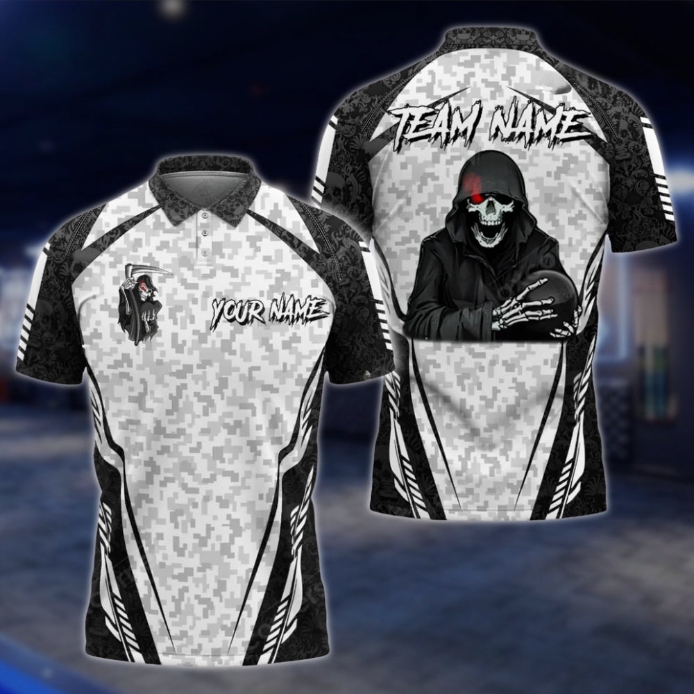 Custom Skeleton Camo Bowling Mens Polo Shirt, Custom Skull Bowling Shirts For Team BO0334