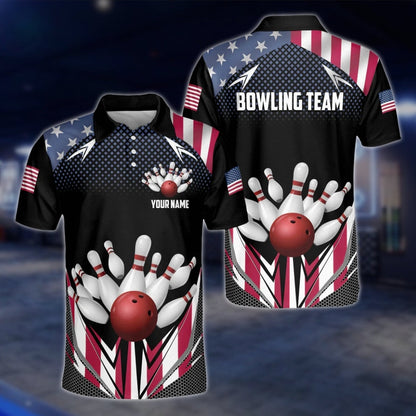 American Flag Custom Mens Bowling Polo Shirt, Custom Team Patriot Bowling Shirts BZ0147