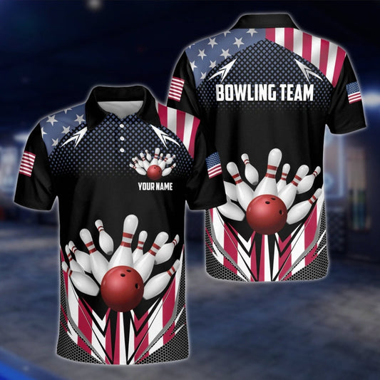 American Flag Custom Mens Bowling Polo Shirt, Custom Team Patriot Bowling Shirts BZ0147