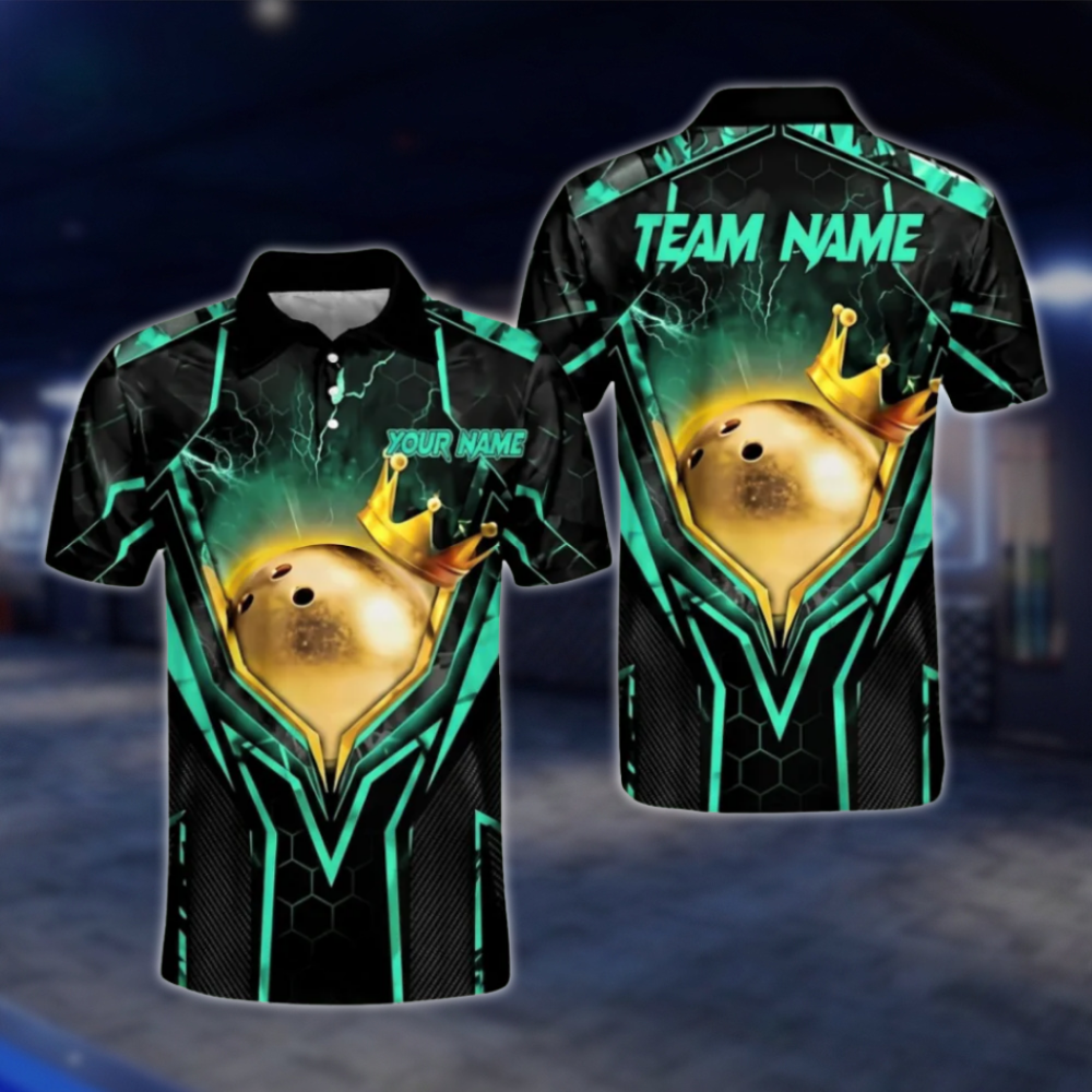 Custom Team Black Blue Bowling Ball King Polo Shirts For Men, Custom Bowling Team Shirts BA0004