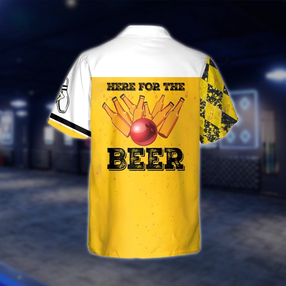 Here For The Beer Custom Argyle Yellow Bowling Hawaiian Shirt For Mens, Custom Funny Beer Bowling Shirts BZ0159