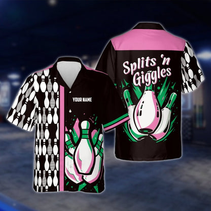 Splits'n Giggles Custom Name Black Purple Bowling Hawaiian Shirt, Custom Funny Bowling Shirts BE0030