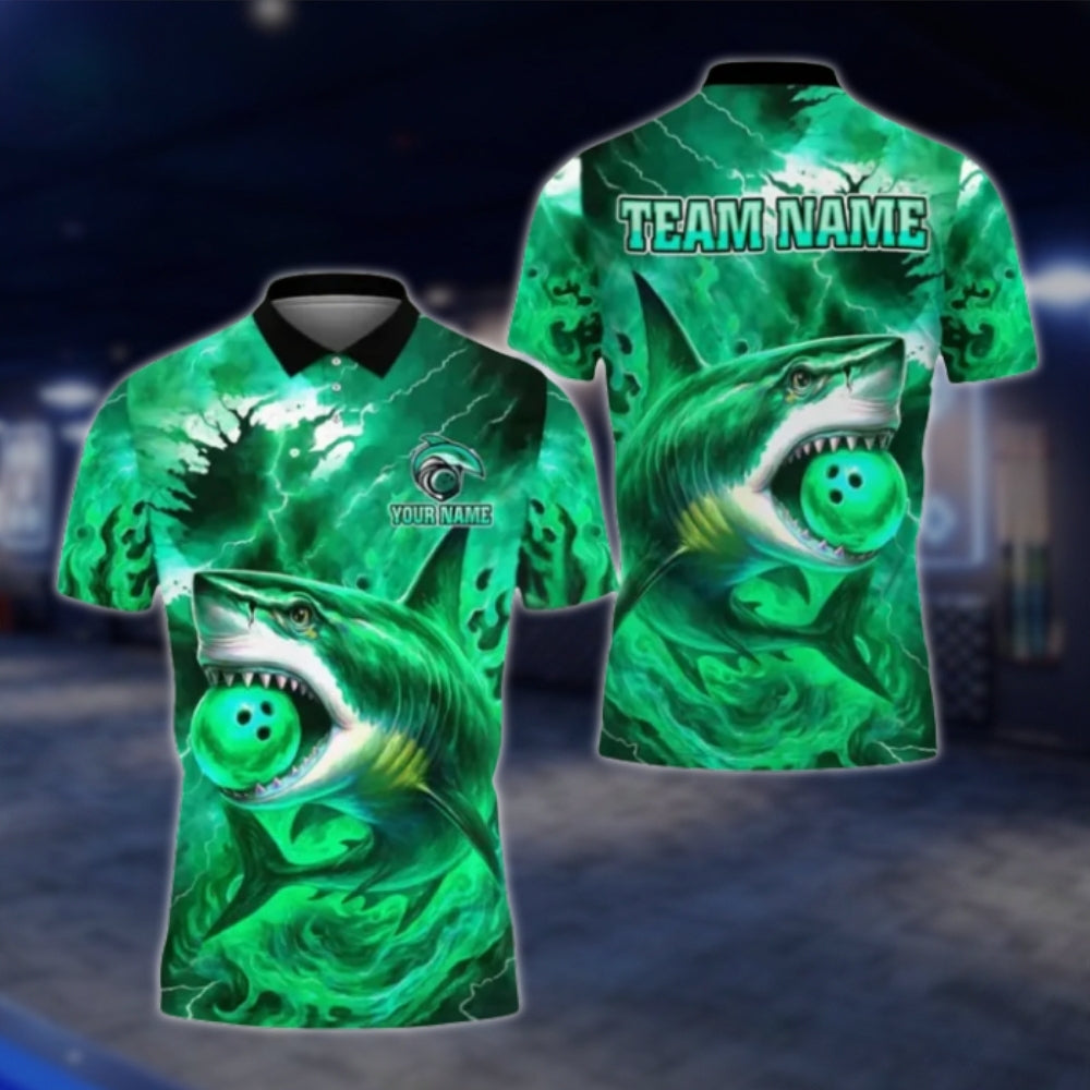 Custom Shark Blue Mens Bowling Polo Shirt, Custom Shark Team Bowling Shirts BE0111