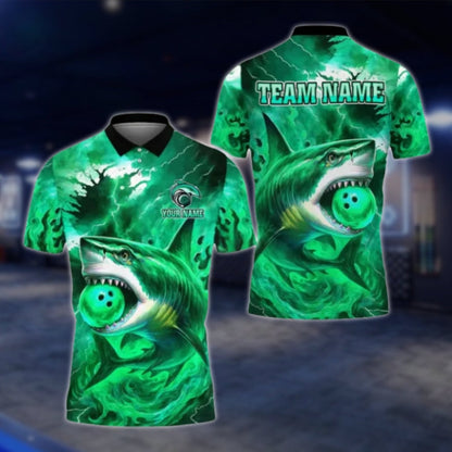 Custom Shark Blue Mens Bowling Polo Shirt, Custom Shark Team Bowling Shirts BE0111