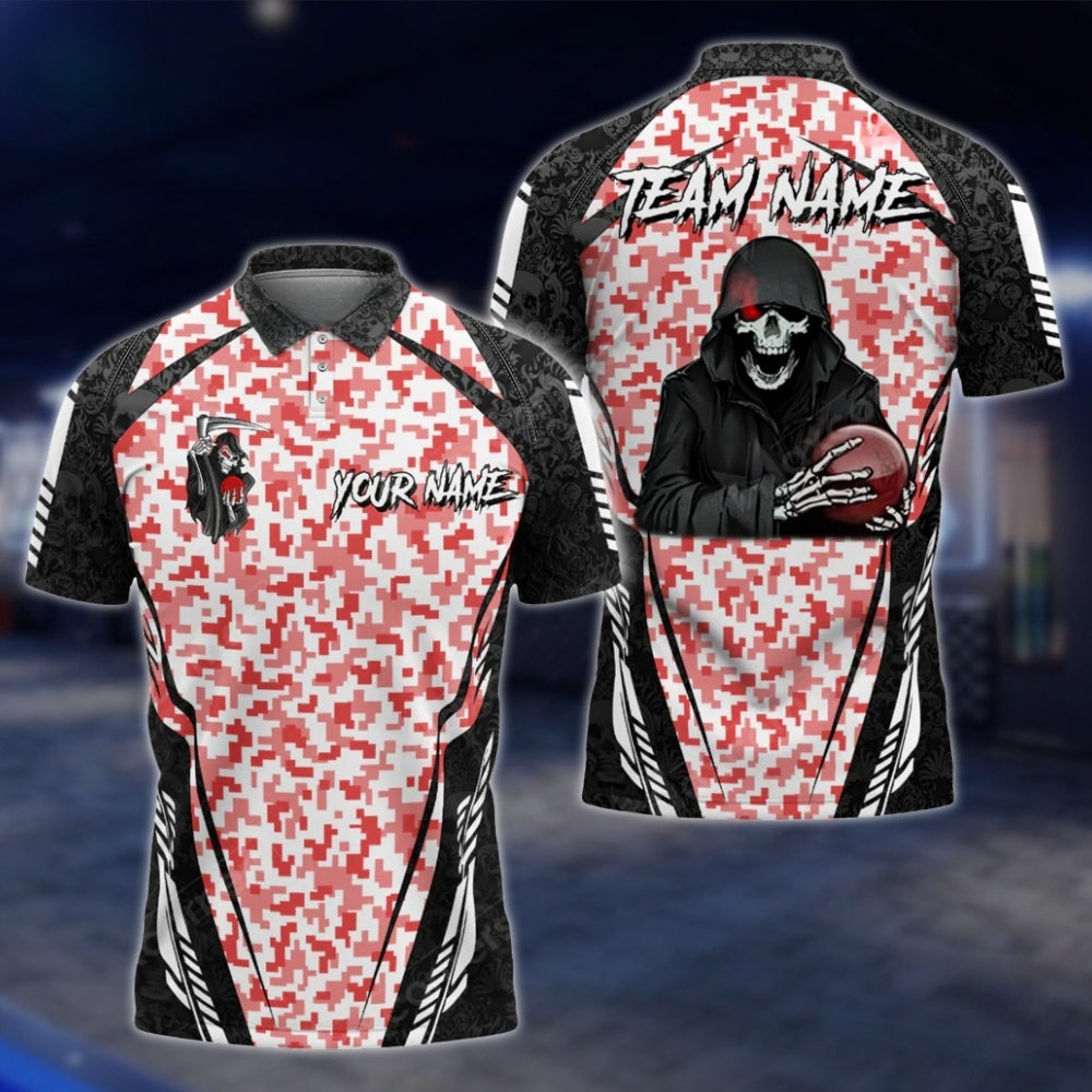Custom Skeleton Camo Bowling Mens Polo Shirt, Custom Skull Bowling Shirts For Team BO0334