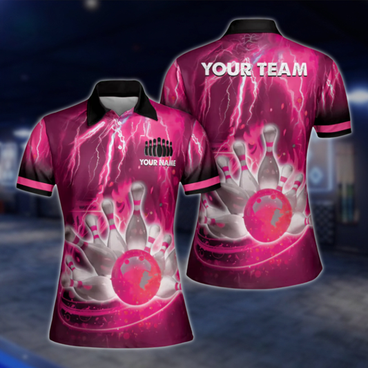 Custom Team Thunder Pink Bowling Polo Shirt For Women, Custom Bowling Team Shirts Ladies BW0156