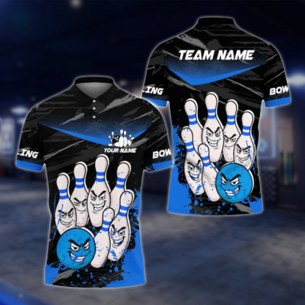 Custom Funny Pins And Ball Bowling Mens Polo Shirt, Back Blue Custom Funny Bowling Team Shirts BE0114