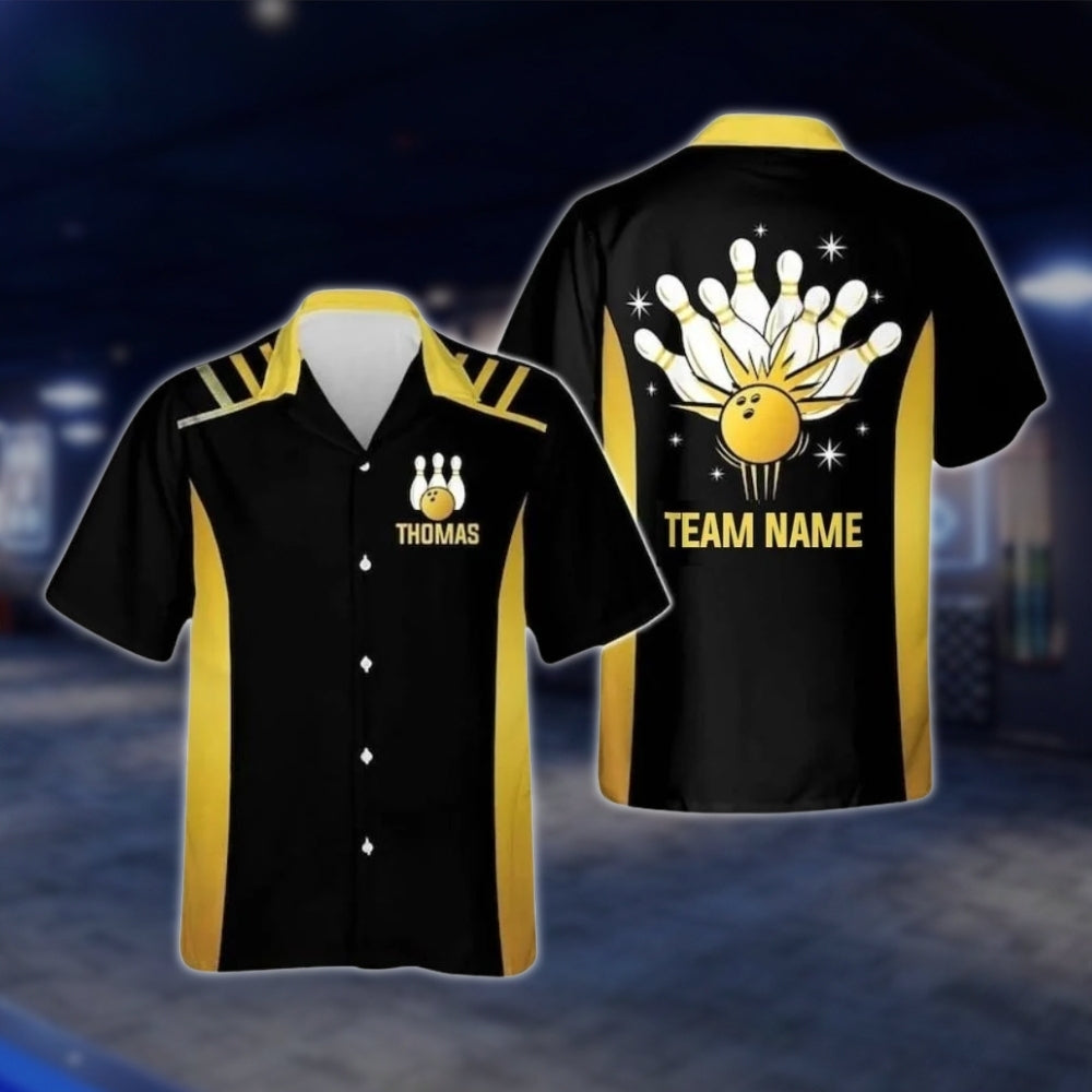 Custom Team Black And Yellow Bowling Hawaiian Shirt Men Women, Custom Bowling Team Shirts BZ0262