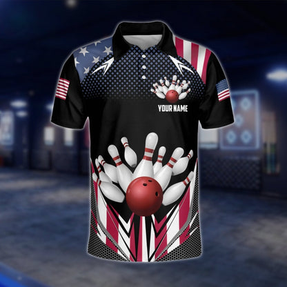 American Flag Custom Mens Bowling Polo Shirt, Custom Team Patriot Bowling Shirts BZ0147