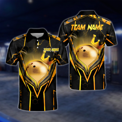 Custom Team Black Blue Bowling Ball King Polo Shirts For Men, Custom Bowling Team Shirts BA0004