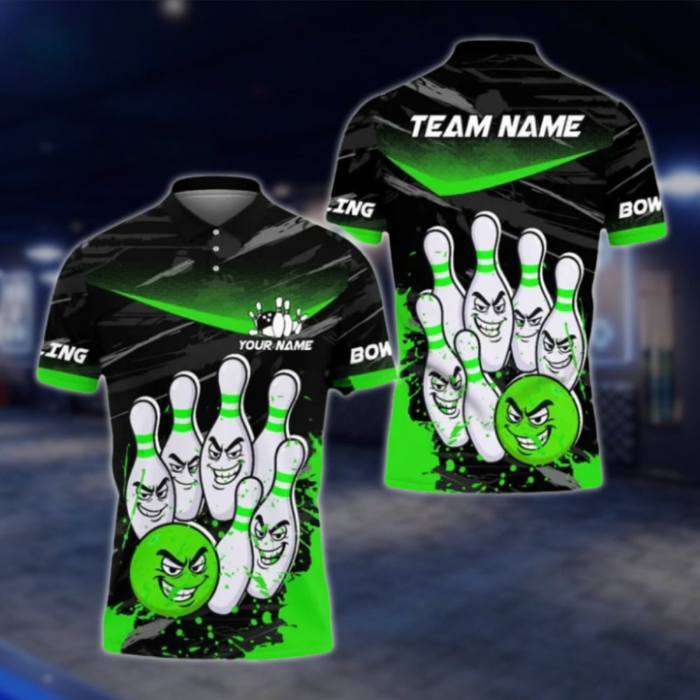 Custom Funny Pins And Ball Bowling Mens Polo Shirt, Back Blue Custom Funny Bowling Team Shirts BE0114